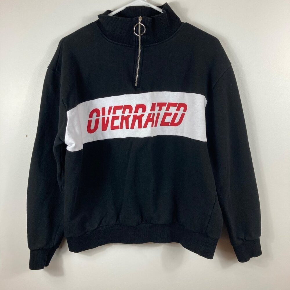 Mens Bershka Overated‎ Spell Out Black 1/4 Zip Sweatshirt L